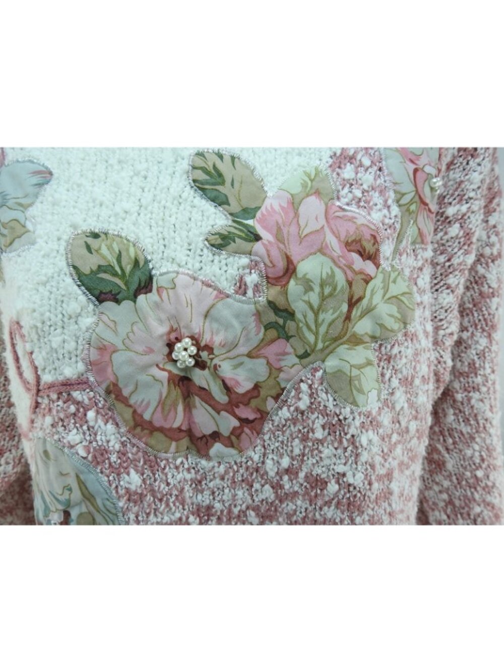 Vintage Pembrooke Pink White Sweater Floral Applique Cottagecore Korea Sz L - Picture 9 of 11